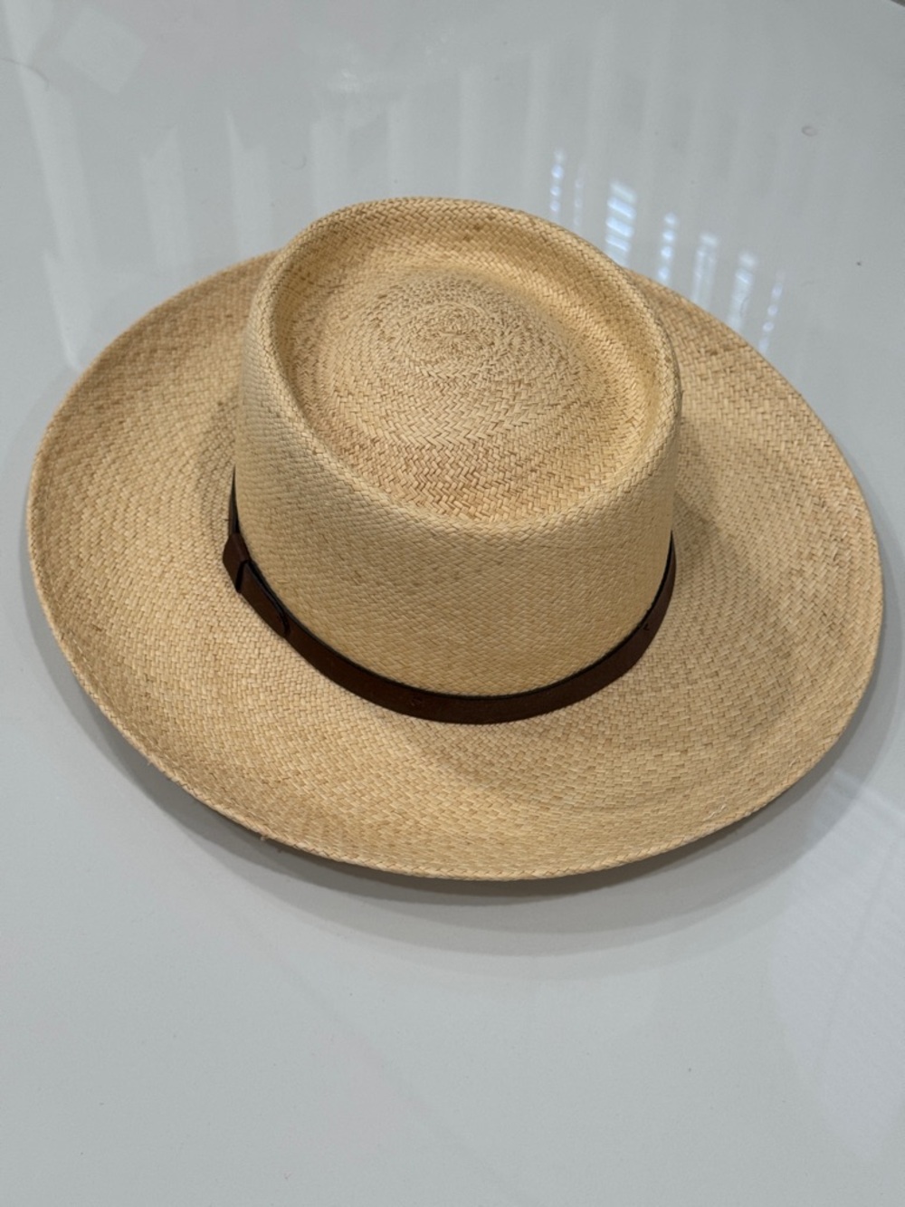 Eddie Bauer Panama Hat Genuine Straw Brown Band Hand Woven Ecuador Medium Beige